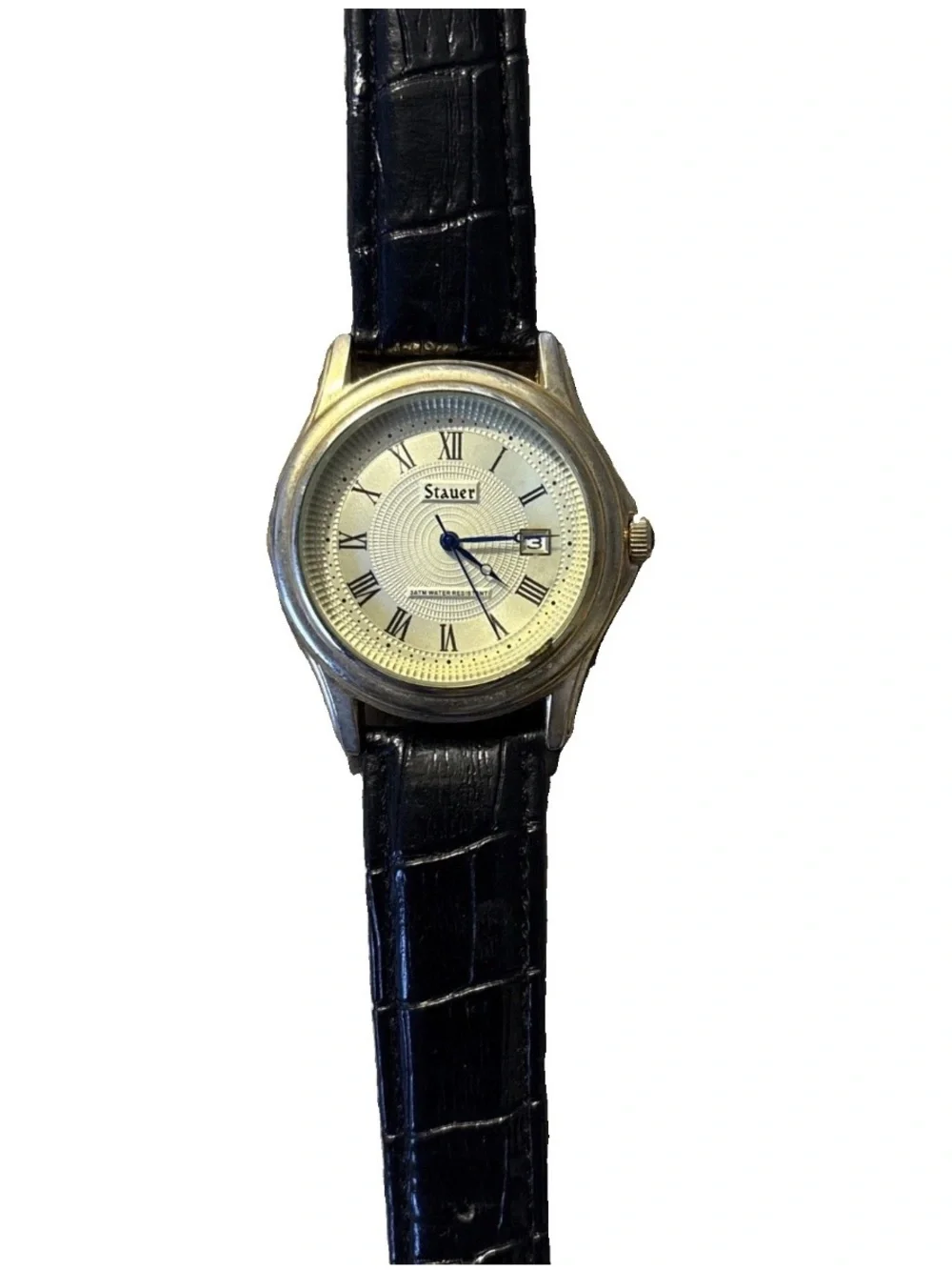 Stauer Metropolitan Gold-dial Men's Watch Black Leather Strap